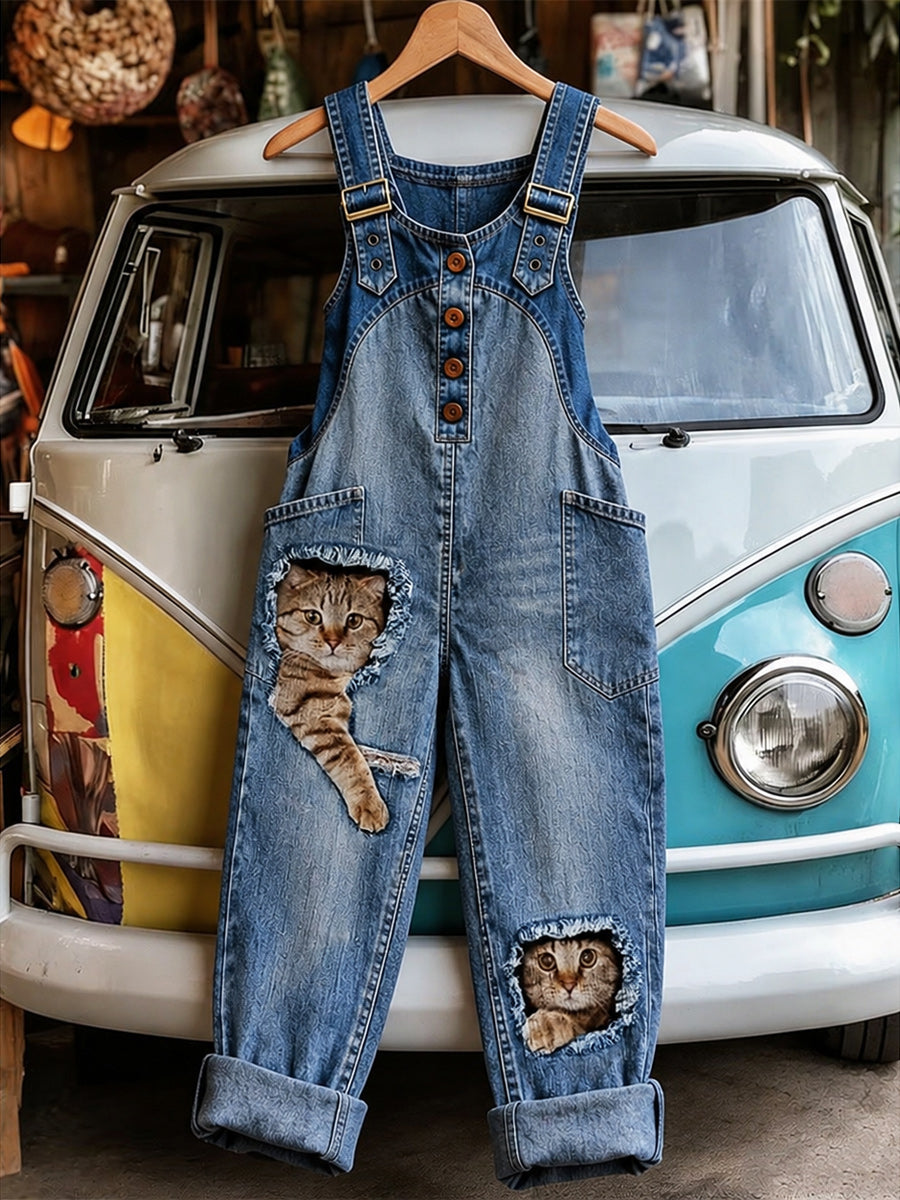 Women's Retro Style Art Print Washed Cotton Denim Patchwork Jumpsuit